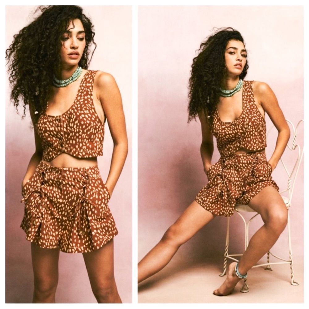 Free People Brown Spotted High-Waist Ruffle Shorts